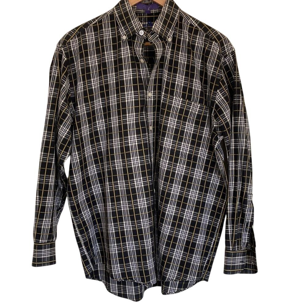 Alan Flusser Button Down Shirt‎ Mens M Cotton Plaid Black White Yellow Preppy